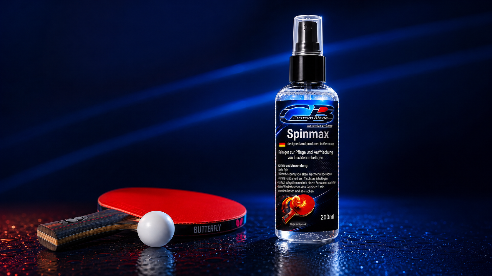 Spinmax mit Tischtennisschläger und Ball